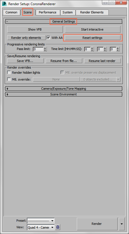 Reset to default values. Настройка rendering Setup Scene. Сканлайн рендер сброс настроек. Штрихкод «reset settings to default». Корона рендер Tone Mapping настройки по умолчанию.